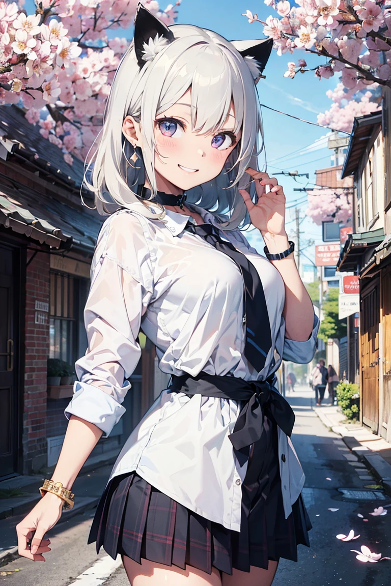 (((masterpiece))), (((Highest quality))), ((Very detailed)), ((Very detailedなイラスト)), ((Ultra-fine painting)), (16K Highest quality wallpaper:1.4), (Detailed and elaborate illustration style,:1.8) Detailed skin texture, High quality fabric, , (T-masterpiece), (Very detailedな顔:1.4), original, RAW Photos, Professional, Intricate details, Very detailed, Direct sunlight:1.6, ,(Cowboy Shot:1.9)、(Perfect Anatomy:1.4), (Extremely elaborate hands:1.2), (Very elaborate fingers:1.2), (Very elaborate fingers先:1.2),, (alone:1.6), (beautiful and adorable cat ears:1.6), (Intricate and delicate cat ears:1.4), (beautiful, Shiny white hair:1.6), (Very fine and delicate white hair:1.4),, (Very detailedな顔:1.4),(Light purple eyes:1.4),(smile:1.4),, whole body,
One girl, bangs, black choker, black tie, Blonde, blue skirt, blush, bracelet, chest, choker, clothes The surrounding area waist, clavicle, collared shirt, Cowboy Shot, dress shirt, ear Earrings, Eyebrows visible through hair, Gradient Hair, Grin, Improve, jewelry, Kogal, Long Hair, View your viewers, loose tie, tie, Earrings, Plaid, Plaid skirt, pleated skirt, Red eyes, ring, , shirt, skirt, smile, alone, white shirt,
street, null, cherry blossoms, petal,figure, (magazine:1.3), (cover-style:1.3), fashionable, woman, Vibrant, Costume, Pause, front, colorful, dynamic, background, element, have confidence, Performance, Holding, statement, accessories, Majestic, Coiled, The surrounding area, touch, scene, article, cover, bold, to attract attention, title, stylish, font, Catchy, Heading, big, impressive, Modern, trend, concentrated, fashion,