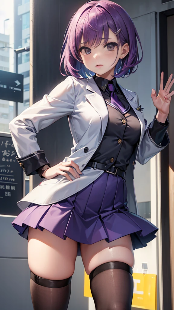 Top Quality, 8K, 4K, High Definition, Detail, (better-quality, 8K, 12), top-quality, 1 girl、purple short bob hair clip tied into a bun、black eyes、small breasts、uniform、gray jacket with pink line、blue skirt、 fingerless gloves、thighs、Ilcha fousing on her, surprise face, having her handon her face, making cute expressing face. picture pose, she is standing up, she has a loil pop in her mouth, she up close only showing her wraist and up.