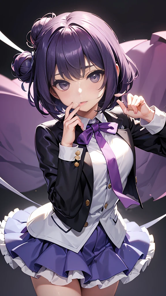 Top Quality, 8K, 4K, High Definition, Detail, (better-quality, 8K, 12), top-quality, 1 girl、purple short bob hair clip tied into a bun、black eyes、small breasts、uniform、gray jacket with pink line、blue skirt、 fingerless gloves、thighs、Ilcha fousing on her, surprise face, having her handon her face, making cute expressing face. picture pose, she is standing up, she has a loil pop in her mouth, she up close only showing her wraist and up.