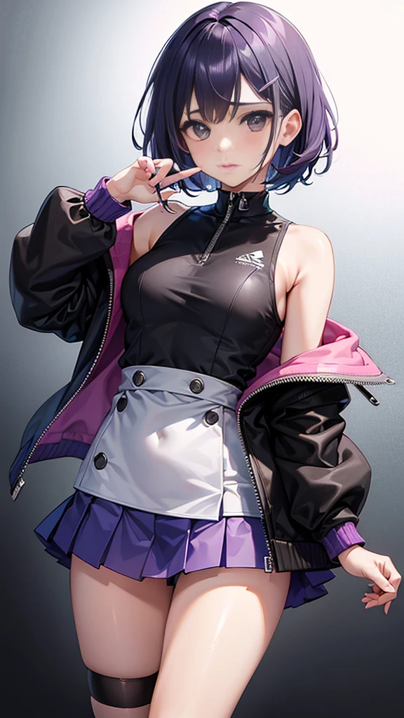 Top Quality, 8K, 4K, High Definition, Detail, (better-quality, 8K, 12), top-quality, 1 girl、purple short bob hair clip tied into a bun、black eyes、small breasts、uniform、gray jacket with pink line、blue skirt、 fingerless gloves、thighs、Ilcha fousing on her, surprise face, having her handon her face, making cute expressing face. picture pose, she is standing up, she has a loil pop in her mouth, she up close only showing her wraist and up.

