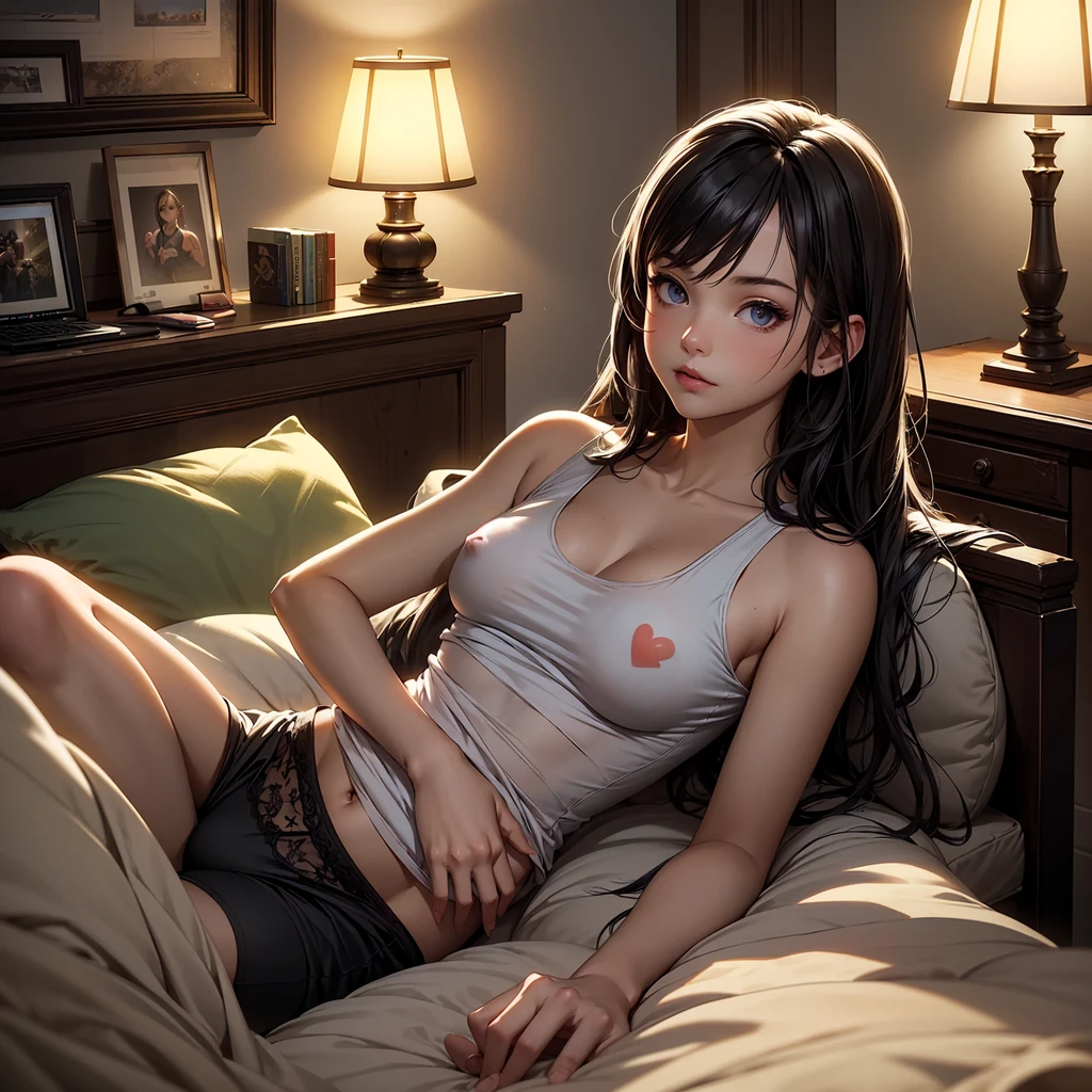 Create a high-quality, detailed image of a beautiful anime girl with long, flowing hair and intricate details. She is peacefully asleep on her bed in her cozy gaming room. She wears a snug tank top that barely conceals her nipples, and sexy panties, highlighting her stunning curves. The warm, inviting scene includes soft ambient lighting, comfortable seating, and plush bedding, with the room illuminated by a small, glowing lamp. The gaming room features posters, a high-end PC setup with RGB lighting, and various gaming accessories. The overall atmosphere is serene and intimate, with vibrant colors and natural lighting creating a photorealistic effect.