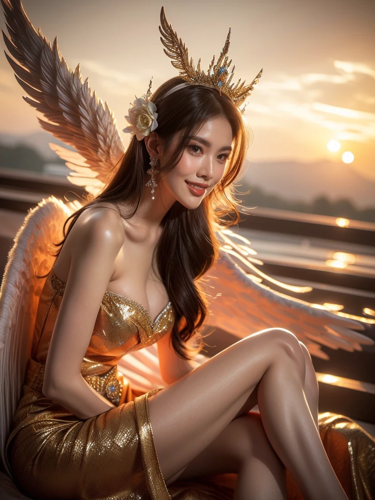 With the camera tilted upwards, capture a woman in a risqué angel costume perched on a cloud, with the sunset adorning her from the side. Her radiant smile embellishes her lively demeanor and her nonchalant pose enhances the surreal setting. (solo), (angel costume: 1.5), (cloud: 1.3), (sunset: 1.4), (radiant smile: 1.2), (nonchalant pose: 1.3), (erotic adventure: 1.4), (fantasy world: 1.5).
