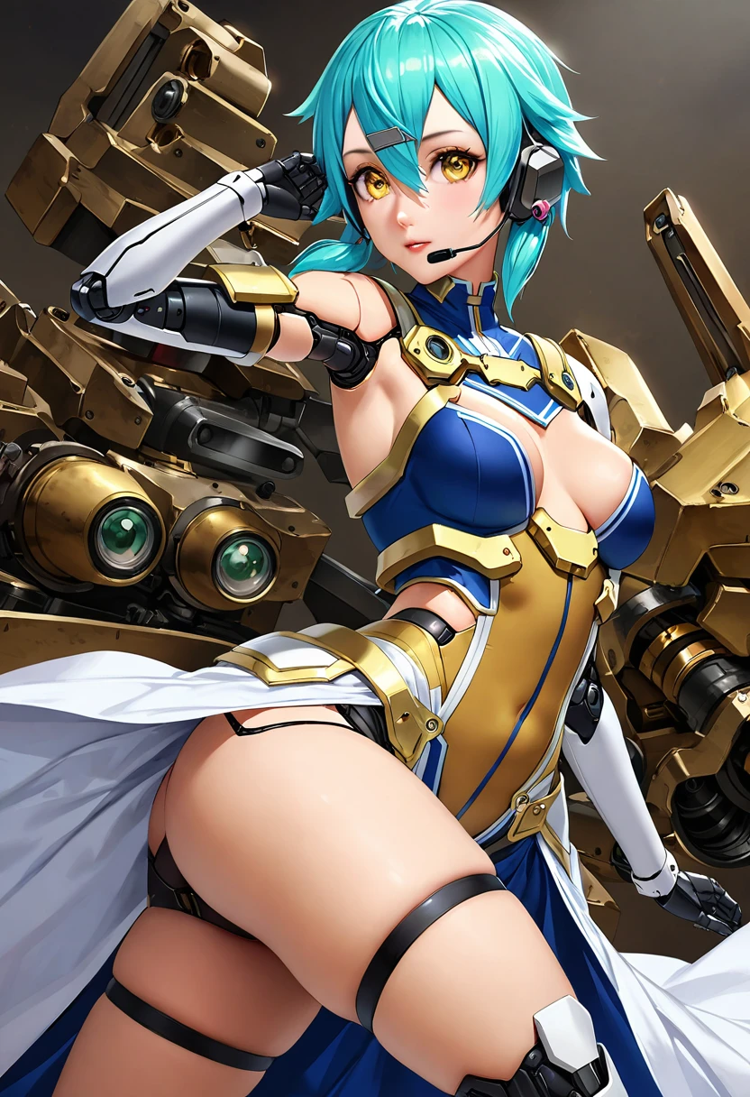 (((Highest quality)))、(((unity 8k wallpaper)))、(((32k)))、(((masterpiece)))、(((Very detailed)))、(((Ultra-high resolution)))、(((Ultra-high resolution)))、(((Cyborg Sinon)))、(((Mecha Girl)))、(((Robot Girl))、(( Very detailed顔, RAW Photos, Professional, Ultra-fine painting, Fine metal texture, High quality fabric, sexy, Genuine, A dress-like armor in blue and white with gold molding..、Mechanical Rimbecha Girl、Machinery Parts、複雑に表現されたスーパーRobot Joints、Robot Joints、Robot Fingertips、Single Mechanical Arm、Mechanical Arm、headset、Complex mechanical body、A mechanical waist covered in elaborate armor、Realistic and complex camera eye:1.5))、A complex fusion of body and machine、Legs covered in blue and white armor、Beautiful legs with mechanical knee joints covered in machinery, Sock-like armor、Eyes like a mechanical camera、Anatomically correct machine、Covered in white and blue armor、Very beautiful face、Beautiful posture、Stand upright、sky blue short hair、fullbody