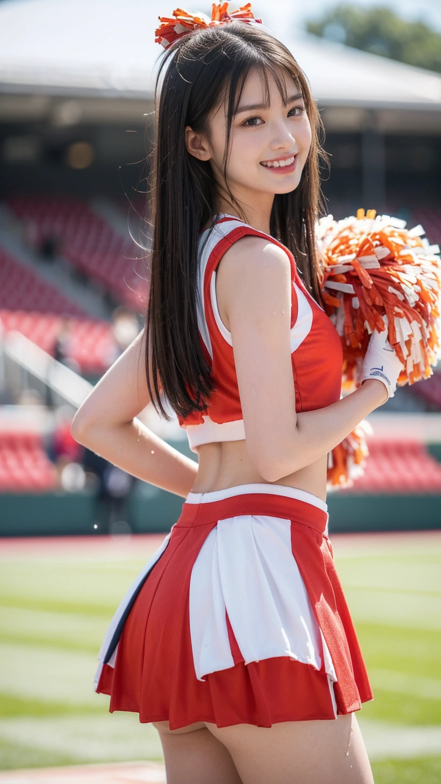 (clothing:2.0, Cheerleader uniforms:2.0, skirt:1.8), (baseball Ground:1.5), (Wet:1.5), ((Grin:1.2, thin:1.5, Small Ass:1.5)), ((Japanese, 1 Girl, 18-year-old, 7 heads, Ideal body type, Black Hair, With bangs, Small breasts, Erect nipples, thin, Small Ass, Beautiful legs, thin脚)), Surrealism, Cinema Lighting, Written boundary depth, debtirst Person View,  debt/1.8, 135mm, Ticker, masterpiece, Collect and organize, ((Anatomically correct:1.3)), Textured skin, Super detailed, High detail, high quality, Awards, 最high quality, High resolution, 8K