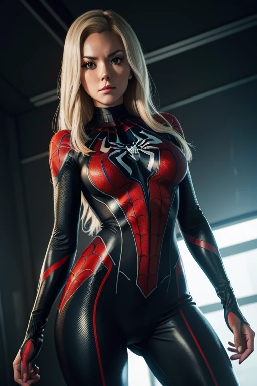 A closeup of a woman in a spider suit - man posing for a photo, a photorealistic painting by Steve Argyle, tumblr, grandson art, spider gwen, araña-gwen, araña - gwen, Fitted garment, tight suit, Gwen Stacy, usando tight suit, Spider woman!!, Spider woman!!!!!, ( showing the buttocks ),( (Spider woman) ), in spandex suit