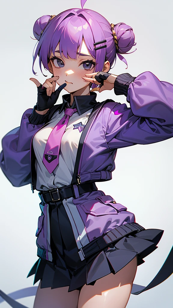 1 girl、purple short bob hair clip tied into a bun、black eyes、small breasts、uniform、gray jacket with pink line、blue skirt、 fingerless gloves、thighs、Ilcha fousing on her, surprise face, having her hands on her face, making cute expressing face. picture pose