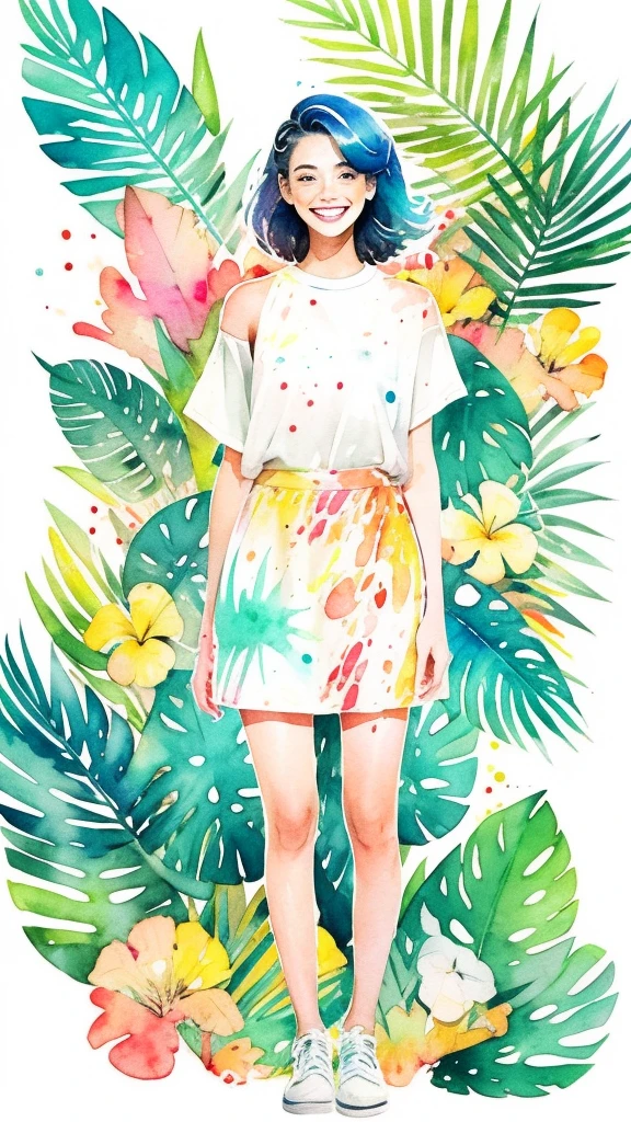 a tropical painting with a splatter background and spray paint effect, mangoes and leaves design t-shirt and white skirt, woman upper body centered, multi-color hair, big happy smile, watercolor art, watercolor painting, watercolor painting style, watercolor detailed art, watercolor digital painting, watercolor paint, masterfully detailed watercolor, watercolor art