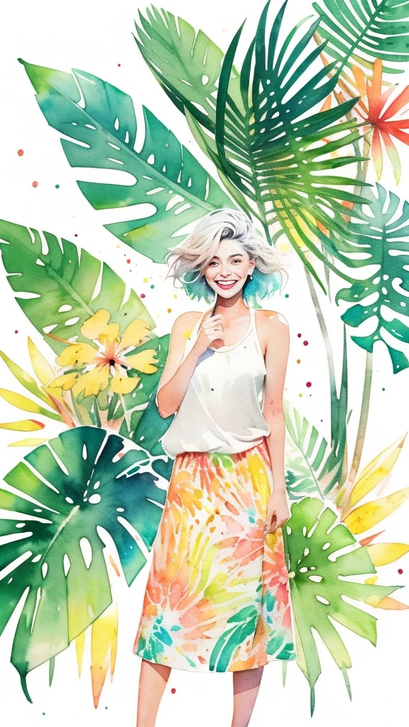 a tropical painting with a splatter background and spray paint effect, mangoes and leaves design t-shirt and white skirt, woman upper body centered, multi-color hair, big happy smile, watercolor art,  watercolor painting, watercolor painting style, watercolor detailed art, watercolor digital painting, watercolor paint, masterfully detailed watercolor, watercolor art