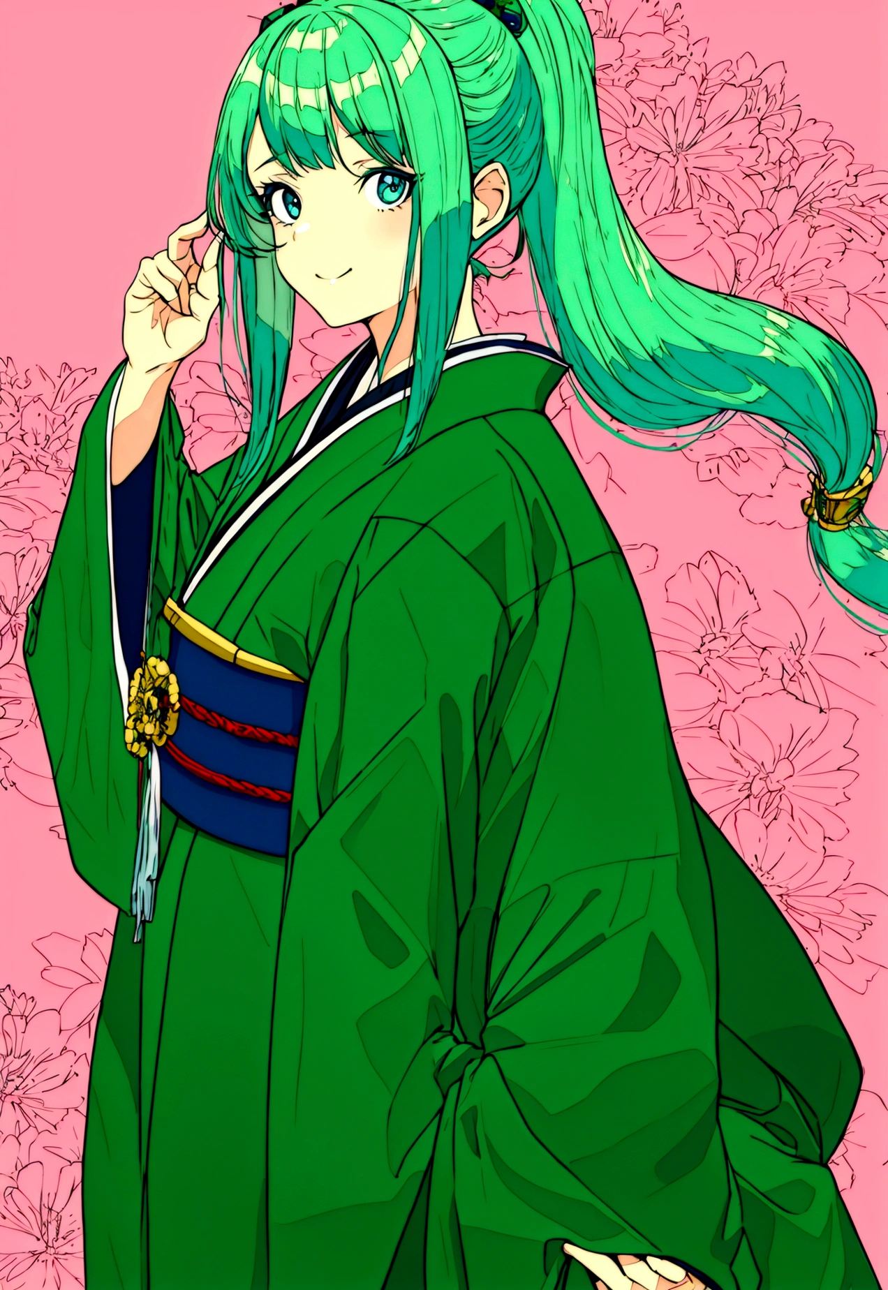teenager girl, green hair, long hair, baby blue eyes, cyan kimono, tied hair,