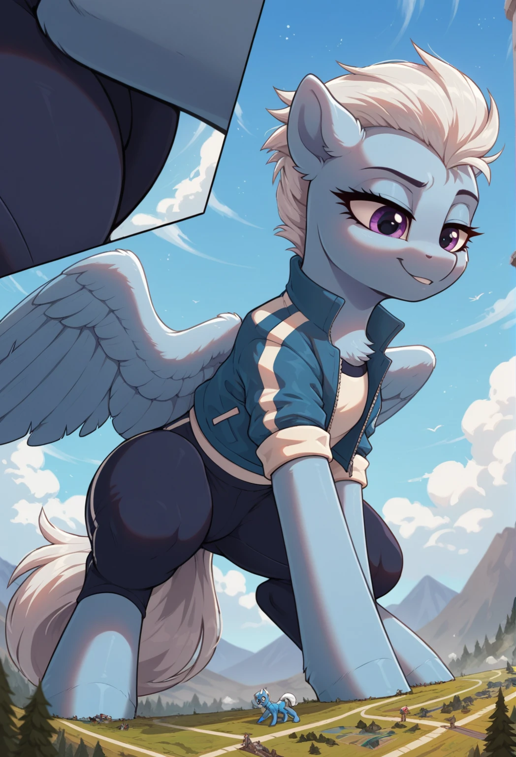 score_9, score_8_up, score_7_up, feral, pale body, female, pegasus, light_blue body, blue body, short straight hair, white mane with blue stripe, white tail with bright blue and light blue stripes, purple eyes, pointed ears, large feathered wings, anatomically correct, feral anatomy, good anatomy, (depth of field), muted colors, extremely high quality RAW photograph, (lying on back), earth pony, semi-anthro, female, ponified, fluff chest, large hoof, hooves, three-quarter view, (a dutch angle shot), ((on 2 legs standing)), ((close-up shot)), macro shot, micro, multiple frames, (((different angles))), front view, side view, back view, (background: landscape, continents visible, starry sky), crushing, stomp, stomping, outfit, clothes, (outfit: white cropped jacket, lightblue track pants with white lines, black stockings under pants:1.3), smug expression, squatting, hooves at the sides, from below,