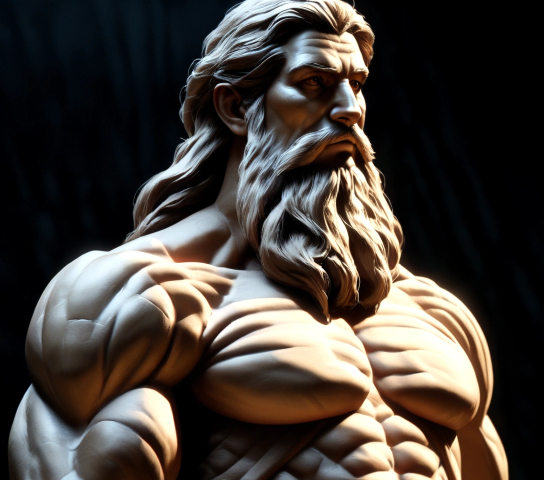 Muscular statue of Greek philosopher, Large Beard, cinematic, darkness background, 8K, ultra realistic, scene from 2 thousand years ago