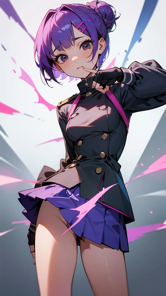 Top Quality, 8K, 4K, High Definition, Detail, (better-quality, 8K, 12), top-quality, 1 girl、purple short bob hair clip tied into a bun、black eyes、small breasts、uniform、gray jacket with pink line、blue skirt、 fingerless gloves、thighs、Ilcha fousing on her, surprise face, having her handon her face, making cute expressing face. picture pose, she is standing up, she has a loil pop in her mouth, she up close only showing her wraist and up.
