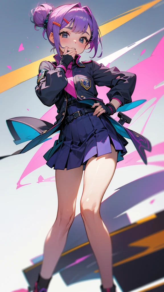 Top Quality, 8K, 4K, High Definition, Detail, (better-quality, 8K, 12), top-quality, 1 girl、purple short bob hair clip tied into a bun、black eyes、small breasts、uniform、gray jacket with pink line、blue skirt、 fingerless gloves、thighs、Ilcha fousing on her, surprise face, having her handon her face, making cute expressing face. picture pose, she is standing up, she has a loil pop in her mouth, she up close only showing her wraist and up.