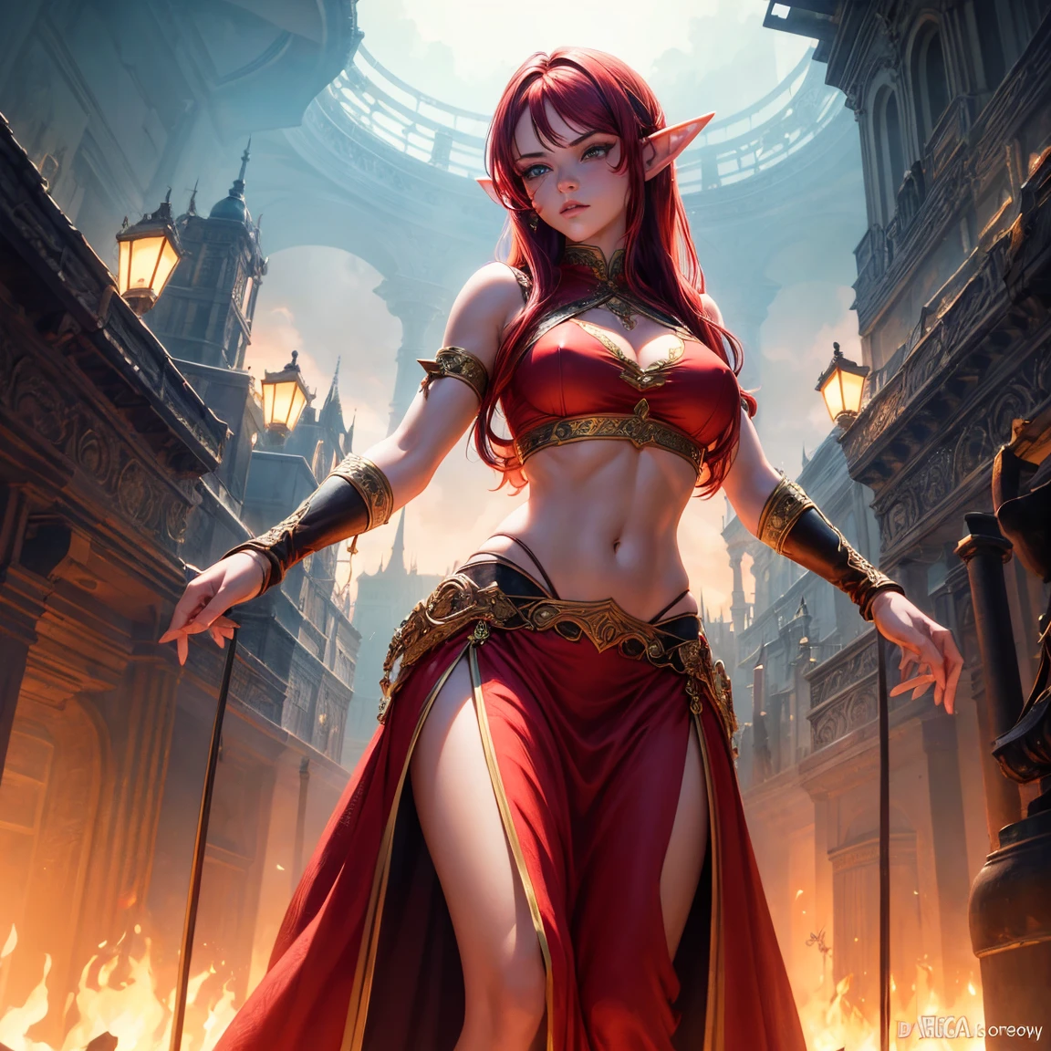 a girl, 1girl, elf, redhead long hair, breasts, long pointed ears, bright green eyes!!!, serious face, sexy red crop top!!, deep neckline, sexy red skirt!!, fire magic, full body, full body, tent, very sexy body, detailed face, beautiful detailed eyes, beautiful detailed lips, extremely detailed eyes and face, long eyelashes, detailed clothing, intricate details, highly detailed, photo realistic, 8k, best quality, masterpiece, cinematic lighting, dramatic lighting, vibrant colors, fantasy, digital art, concept art