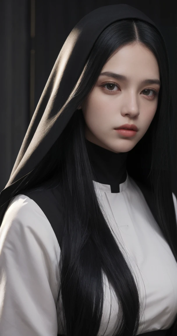 Santa vincenza Gerosa, (Black hair), Straight hair, dark clothes, nun's outfit, long face, big hair, Straight hair, (photorealistic:1.2), (Artwork), best quality, (detailed face:1.4), CRU photo, 8K ultra-realistic, perfect artwork