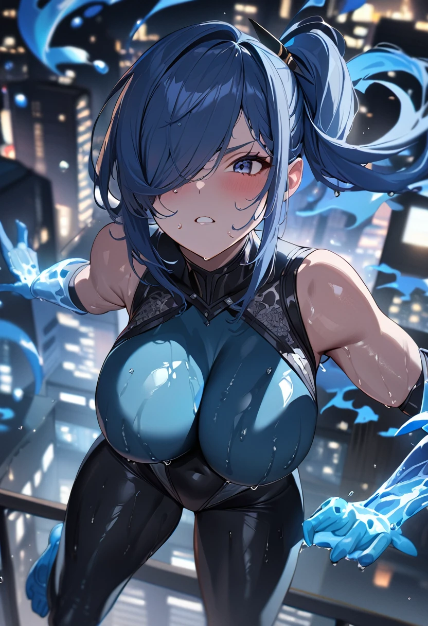 1girl,solo,super detailed skin,shiny skin,wet oily skin,serious face,blue hair,hair over one eye,side ponytail ,large breasts,unique bodysuit,night city,rooftop,jumping,water magic ,dynamic action,masterpiece,best quality,ultra detailed,high resolution,sharp focus,depth of field