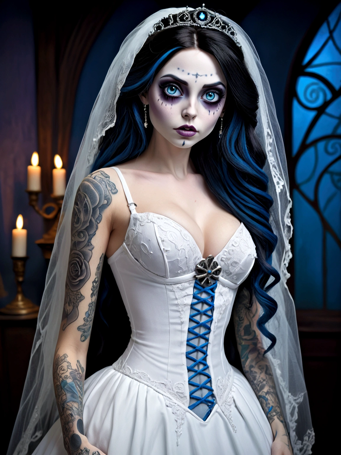 Create a hyper detailed photograph of a corpse bride tattooed young sexy Emily the Corpse Bride, Stunningly perfect gorgeous face, perfect makeup, detailed vibrant eyes, long hair, beautiful perfect, perfect beautiful perfect arms, realistic torso, Emily corpse bride detailed  skin, big breast, perfect round ass, corpse bride sexy seductive white strappy lingerie dress, back to camera looking forward,