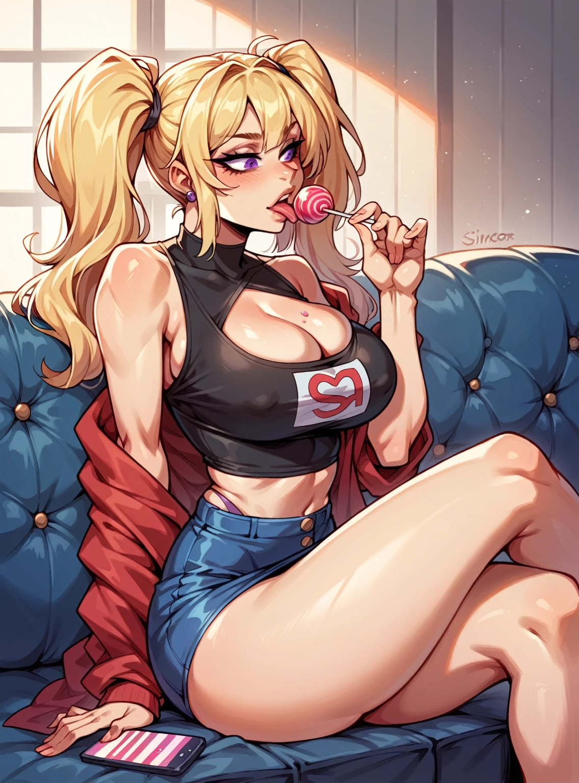{{View from the side}} {{Artist: Sincos}} 1girl, outfit, big breasts, short skirt that shows her panties, sitting on the couch, blonde hair with pigtails, purple eyes, Licking a Lollipop, Checking her cell phone, With legs crossed