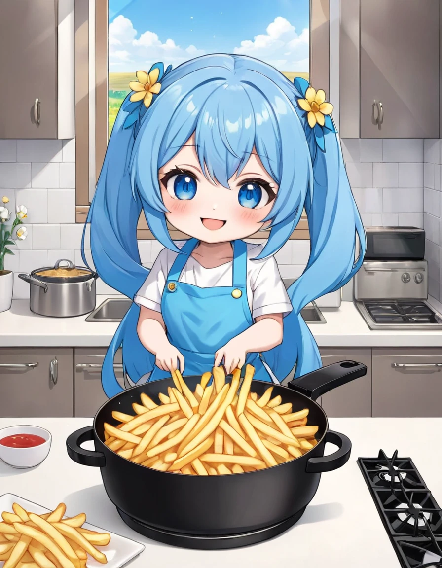 Light blue long hair、Twin-tailed Chibi Character、Bright kitchen、Outside the window you can see a flower field、People are having fun frying fries in a fryer、Bright smile、Chibi Chara&#39;s first cooking