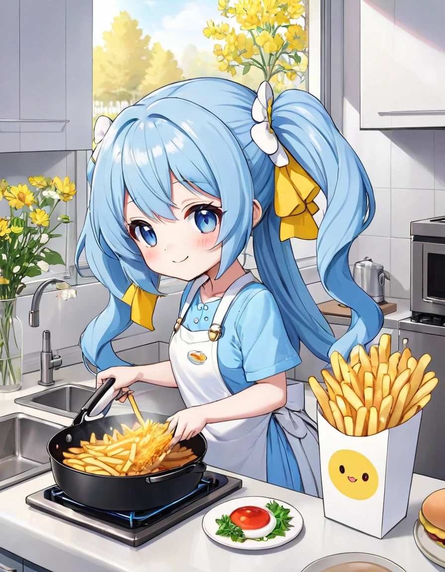 Light blue long hair、Twin-tailed Chibi Character、Bright kitchen、Outside the window you can see a flower field、People are having fun frying fries in a fryer、Bright smile、Chibi Chara's first cooking