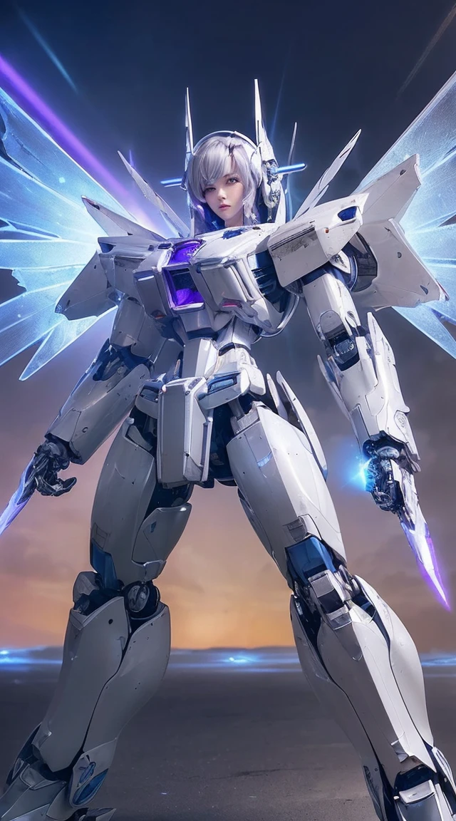 ((Intense action pose:1.6))、((Shining lenses on both breasts:1.3))、((Blue pillars of light are emanating from both chests.:1.3))、smile、((8K)), ((32k)), ((Highest quality)), ((masterpiece)), ((超A high resolution)), ((Tmasterpiece)), ((Halation:1.4))、((Mechaニカルheadgear:1.2))、((Cyber Headphones:1.3))、Fine skin, High quality fabric, Fine metal texture、((Beautiful and dense face))、RAW Photos、Professional, Ultra-fine painting, ((alone)), Beautiful breasts、Highest quality, Very detailed, Very detailed詳細, Finer details, so beautiful, ((Princess Knight Robot:1.2)),  (Joints of machines, Mechanical Limbs:1.3), (The internal structure of the machine is exposed:1.3), (Long silver hair:1.1), (Beautiful and huge mechanical breasts)、White Veil, cowboy_shot, Side Focus, headgear, Shiny、(Five Fingers, Four fingers and thumb),Concept Art, Anime fantasy artwork, Detailed fantasy art, (with pale blue-violet hair and large white wings,,,,,,,), (((Long silver hair))), (Mecha:1.6)、Sleek and intimidating design, ((Commander-in-Chief&#39;arm)), (Perfect robot body)、純白と青紫armまたは, Symmetrical wings, 8K high quality, detailed art, 3D rendering of character art in 8K, neat legs, Defined, Defined fingers,