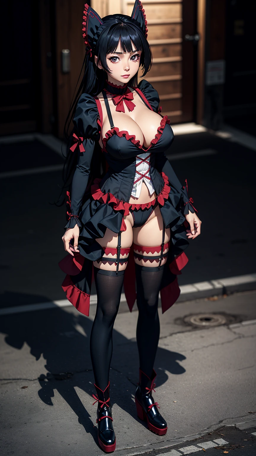Masterpiece, high quality, 8k, ultra detailed, detailed face, huge breast, cleavage, standing, wrg1, full body, thigh, dark background,