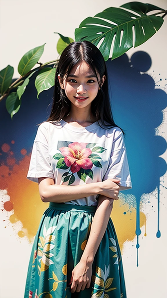 a tropical painting with a splatter background and spray paint effect, mangoes and leaves design t-shirt and white skirt, woman upper body centered, multi-color hair, big happy smile, watercolor art, watercolor painting, watercolor painting style, watercolor detailed art, watercolor digital painting, watercolor paint, masterfully detailed watercolor, watercolor art