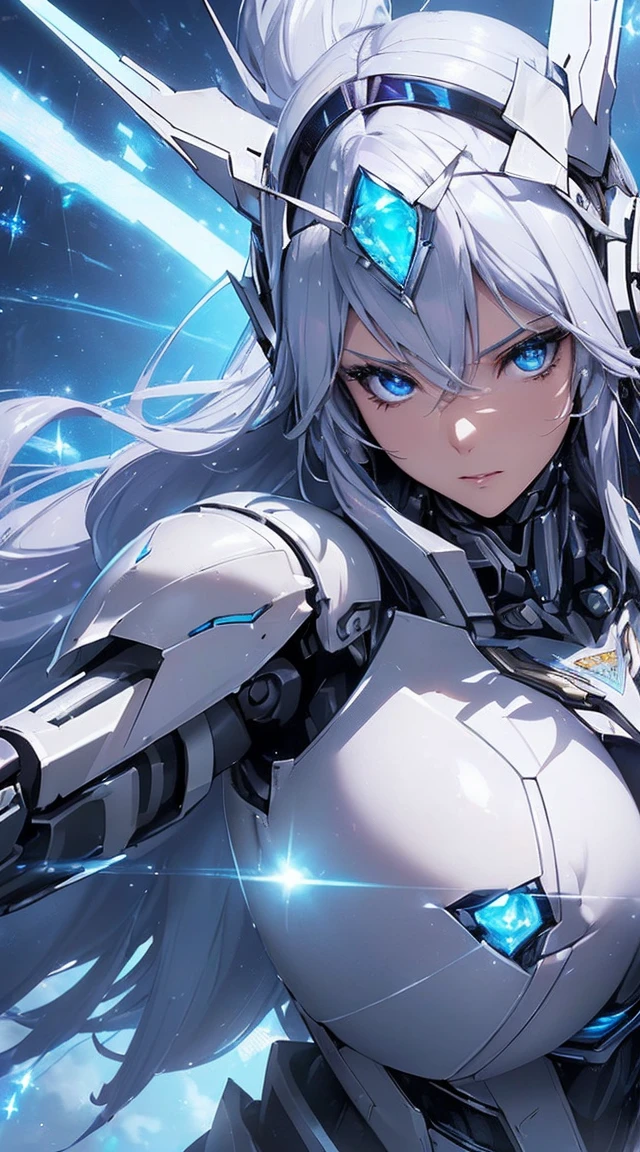 ((Extreme close up:1.6))、(((Lenses shining on both breasts:1.3)))、((Blue pillars of light radiate from both of his chests..:1.3))、break、(((Dynamic pose:1.8)))、smile、((8K)), ((32k)), ((Highest quality)), ((masterpiece)), ((超A high resolution)), ((Tmasterpiece)), ((Halation:1.4))、((Mechaニカルheadgear:1.2))、((Cyber Headphones:1.3))Fine skin, High quality fabric, High-quality metal texture、((Beautiful and dense face))、RAW Photos、Professional, Ultra-fine painting, ((alone)), Beautiful breasts、Highest quality, Very detailed, Very detailed詳細, Finer details, so beautiful, ((Princess Knight Robot:1.2)), (Joint of the machine, Mechanical Limbs:1.3), (The internal structure of the machine is exposed:1.3), (Long silver hair:1.1), (Beautiful and huge mechanical breasts)、White Veil, cowboy_shot, Side Focus, headgear, Shiny、(Five Fingers, Four fingers and thumb),Concept Art, Anime fantasy artwork, Detailed fantasy art, (with pale blue-violet hair and large white wings,,,,,,,,), (((Long silver hair))), (Mecha:1.6)、Sleek and intimidating design, ((Commander-in-Chief'arm)), (Perfect robot body)、純白と青紫のarmまたは, Symmetrical wings, 8K High Resolution, Detailed Art, 3D rendering of character art in 8K, neat legs, Defined, Defined fingers,((headshot:1.3))