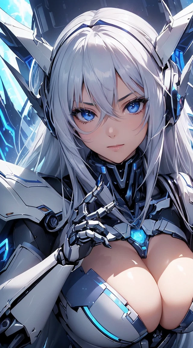 ((Extreme close up:1.6))、(((Lenses shining on both breasts:1.3)))、((Blue pillars of light radiate from both of his chests..:1.3))、break、(((Dynamic pose:1.8)))、smile、((8K)), ((32k)), ((Highest quality)), ((masterpiece)), ((超A high resolution)), ((Tmasterpiece)), ((Halation:1.4))、((Mechaニカルheadgear:1.2))、((Cyber Headphones:1.3))Fine skin, High quality fabric, High-quality metal texture、((Beautiful and dense face))、RAW Photos、Professional, Ultra-fine painting, ((alone)), Beautiful breasts、Highest quality, Very detailed, Very detailed詳細, Finer details, so beautiful, ((Princess Knight Robot:1.2)), (Joint of the machine, Mechanical Limbs:1.3), (The internal structure of the machine is exposed:1.3), (Long silver hair:1.1), (Beautiful and huge mechanical breasts)、White Veil, cowboy_shot, Side Focus, headgear, Shiny、(Five Fingers, Four fingers and thumb),Concept Art, Anime fantasy artwork, Detailed fantasy art, (with pale blue-violet hair and large white wings,,,,,,,,), (((Long silver hair))), (Mecha:1.6)、Sleek and intimidating design, ((Commander-in-Chief'arm)), (Perfect robot body)、純白と青紫のarmまたは, Symmetrical wings, 8K High Resolution, Detailed Art, 3D rendering of character art in 8K, neat legs, Defined, Defined fingers,((headshot:1.3))