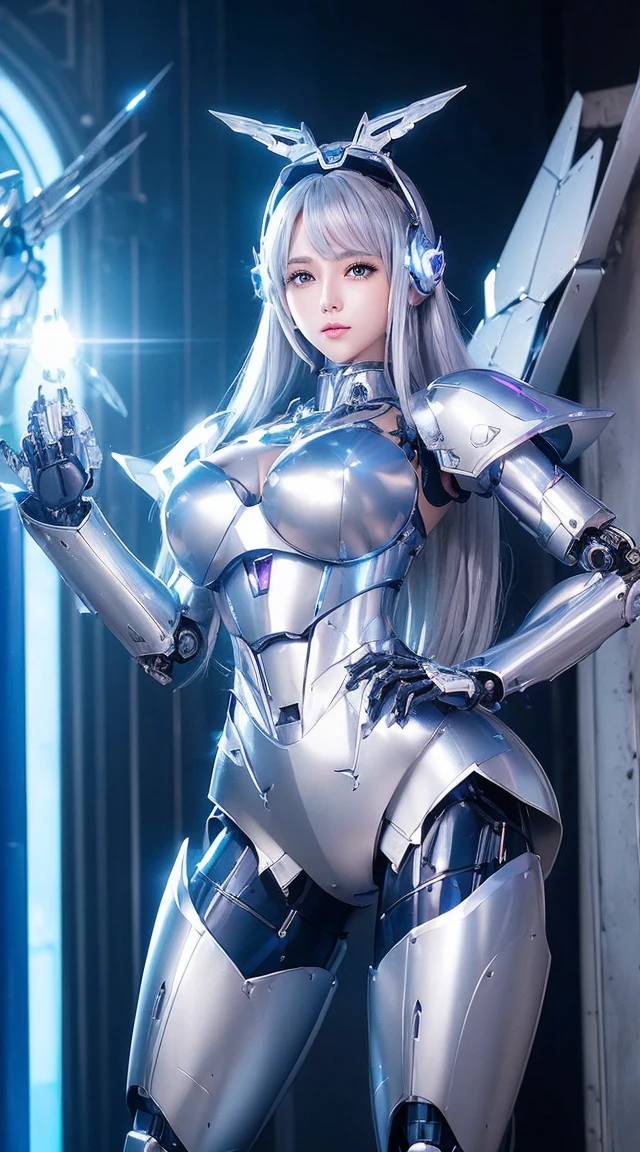 ((Intense action pose:1.6))、((Shining lenses on both breasts:1.3))、((Blue pillars of light are emanating from both chests.:1.3))、smile、((8K)), ((32k)), ((Highest quality)), ((masterpiece)), ((超A high resolution)), ((Tmasterpiece)), ((Halation:1.4))、((Mechaニカルheadgear:1.2))、((Cyber Headphones:1.3))、Fine skin, High quality fabric, Fine metal texture、((Beautiful and dense face))、RAW Photos、Professional, Ultra-fine painting, ((alone)), Beautiful breasts、Highest quality, Very detailed, Very detailed詳細, Finer details, so beautiful, ((Princess Knight Robot:1.2)),  (Joints of machines, Mechanical Limbs:1.3), (The internal structure of the machine is exposed:1.3), (Long silver hair:1.1), (Beautiful and huge mechanical breasts)、White Veil, cowboy_shot, Side Focus, headgear, Shiny、(Five Fingers, Four fingers and thumb),Concept Art, Anime fantasy artwork, Detailed fantasy art, (with pale blue-violet hair and large white wings,,,,,,,), (((Long silver hair))), (Mecha:1.6)、Sleek and intimidating design, ((Commander-in-Chief&#39;arm)), (Perfect robot body)、純白と青紫armまたは, Symmetrical wings, 8K high quality, detailed art, 3D rendering of character art in 8K, neat legs, Defined, Defined fingers,