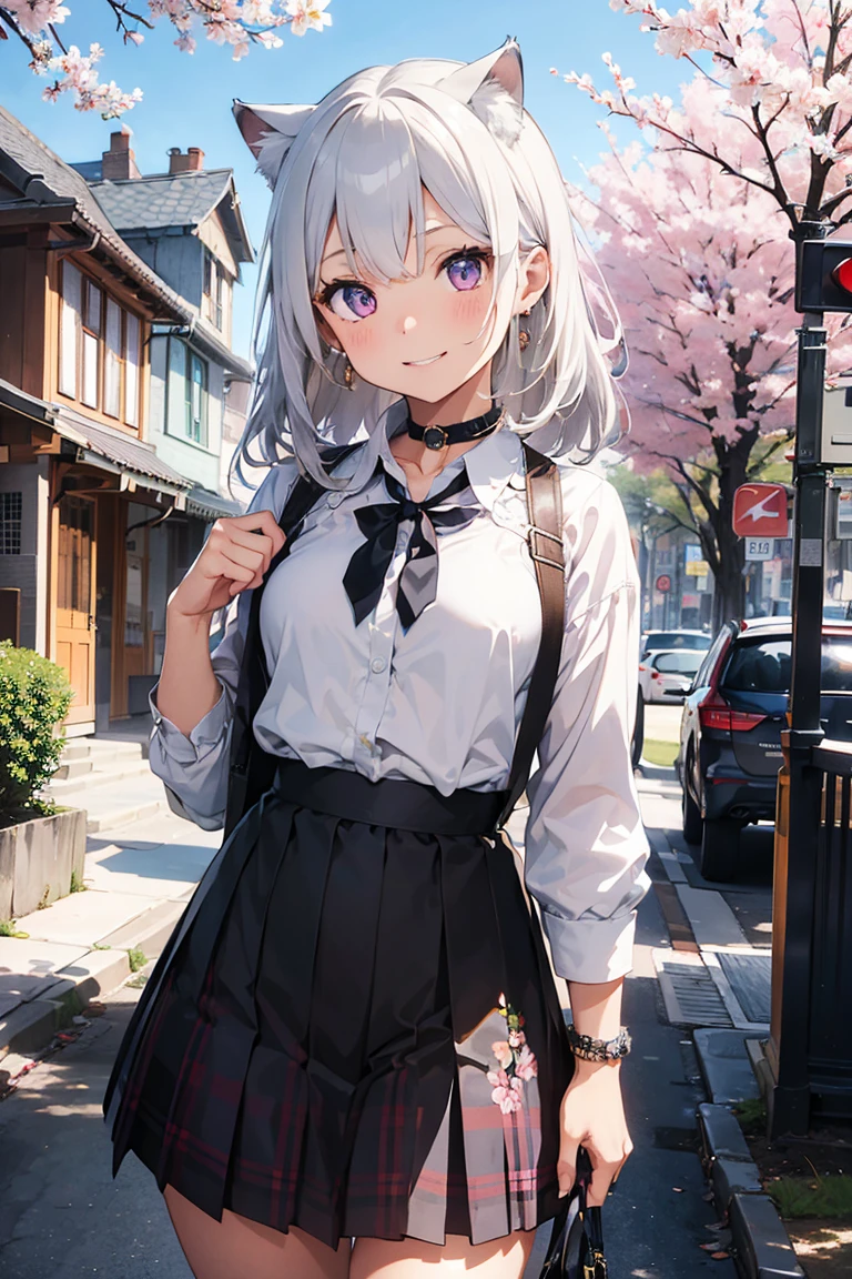 (((masterpiece))), (((Highest quality))), ((Very detailed)), ((Very detailedなイラスト)), ((Ultra-fine painting)), (16K Highest quality wallpaper:1.4), (Detailed and elaborate illustration style,:1.8) Detailed skin texture, High quality fabric, , (T-masterpiece), (Very detailedな顔:1.4), original, RAW Photos, Professional, Intricate details, Very detailed, Direct sunlight:1.6, ,(Cowboy Shot:1.9)、(Perfect Anatomy:1.4), (Extremely elaborate hands:1.2), (Very elaborate fingers:1.2), (Very elaborate fingers先:1.2),, (alone:1.6), (beautiful and adorable cat ears:1.6), (Intricate and delicate cat ears:1.4), (beautiful, Shiny white hair:1.6), (Very fine and delicate white hair:1.4),, (Very detailedな顔:1.4),(Light purple eyes:1.4),(smile:1.4),,  whole body,
One girl, bangs, black choker, black tie, Blonde, blue skirt, blush, bracelet, chest, choker, clothes The surrounding area waist, clavicle, collared shirt, Cowboy Shot, dress shirt, ear Earrings, Eyebrows visible through hair, Gradient Hair, Grin, Improve, jewelry, Kogal, Long Hair, View your viewers, loose tie, tie, Earrings, Plaid, Plaid skirt, pleated skirt, Red eyes, ring, , shirt, skirt, smile, alone, white shirt,
street, null, cherry blossoms, petal,figure, (magazine:1.3), (cover-style:1.3), fashionable, woman, Vibrant, Costume, Pause, front, colorful, dynamic, background,  element, have confidence, Performance, Holding, statement, accessories, Majestic, Coiled, The surrounding area, touch, scene, article, cover, bold, to attract attention, title, stylish, font, Catchy, Heading, big, impressive, Modern, trend, concentrated, fashion,