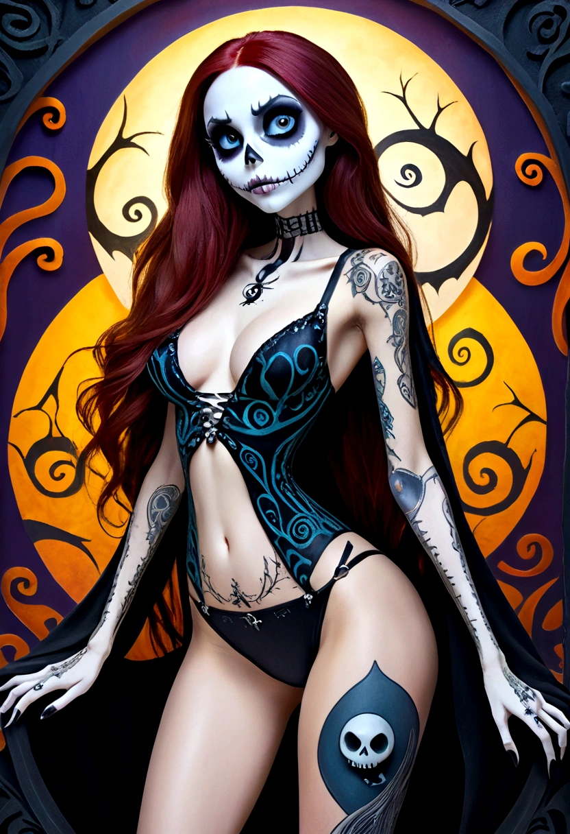 Create a hyper detailed photograph of a nightmare before Christmas tattooed young sexy stunning gorgeous sally Skellington, Stunningly perfect gorgeous face, perfect makeup,detailed vibrant eyes, long hair,detailed perfect beautiful legs, detailed perfect beautiful arms, realistic torso, muscular abs, sally Skellington detailed silky smooth skin texture,detailed silky smooth perky breast, perfect round ass, sexy seductive strappy lingerie, back to viewer looking forward,
