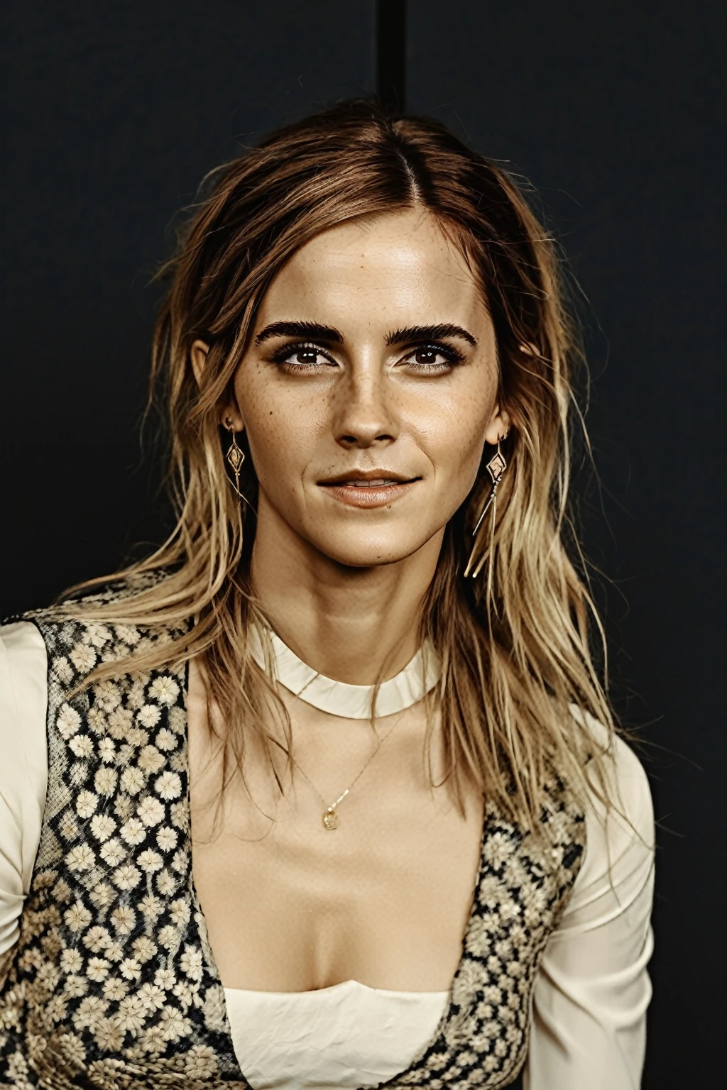 high quality sexy photography of Emma Watson, long white blonde messi hair, happy, laughing, eyes open, perfect eyes, vintage style, highly detailed, very detailed skin texture, (looking at viewer:1.4), full body,