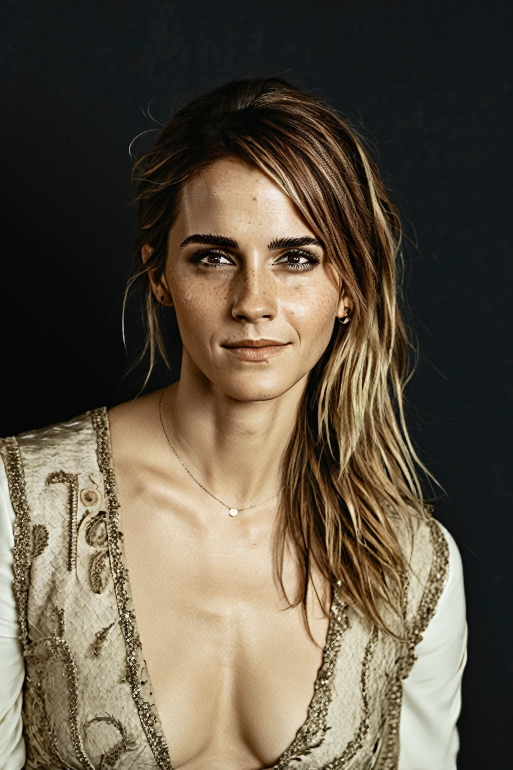 high quality  sexy photography of Emma Watson, long white blonde messi hair, happy, laughing, eyes open, perfect eyes, vintage style, highly detailed, very detailed skin texture,  (looking at viewer:1.4), full body,
  