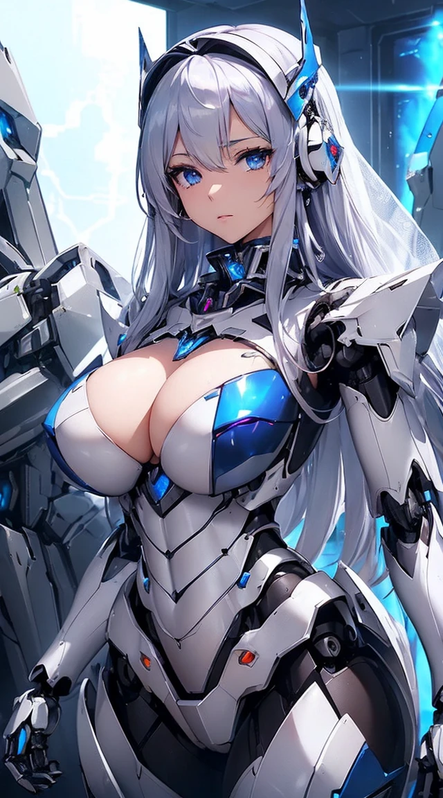 ((Intense action pose:1.6))、((Shining lenses on both breasts:1.3))、((Blue pillars of light are emanating from both chests.:1.3))、smile、((8K)), ((32k)), ((Highest quality)), ((masterpiece)), ((超A high resolution)), ((Tmasterpiece)), ((Halation:1.4))、((Mechaニカルheadgear:1.2))、((Cyber Headphones:1.3))、Fine skin, High quality fabric, Fine metal texture、((Beautiful and dense face))、RAW Photos、Professional, Ultra-fine painting, ((alone)), Beautiful breasts、Highest quality, Very detailed, Very detailed詳細, Finer details, so beautiful, ((Princess Knight Robot:1.2)), (Joints of machines, Mechanical Limbs:1.3), (The internal structure of the machine is exposed:1.3), (Long silver hair:1.1), (Beautiful and huge mechanical breasts)、White Veil, cowboy_shot, Side Focus, headgear, Shiny、(Five Fingers, Four fingers and thumb),Concept Art, Anime fantasy artwork, Detailed fantasy art, (with pale blue-violet hair and large white wings,,,,,,,), (((Long silver hair))), (Mecha:1.6)、Sleek and intimidating design, ((Commander-in-Chief'arm)), (Perfect robot body)、純白と青紫armまたは, Symmetrical wings, 8K high quality, detailed art, 3D rendering of character art in 8K, neat legs, Defined, Defined fingers,