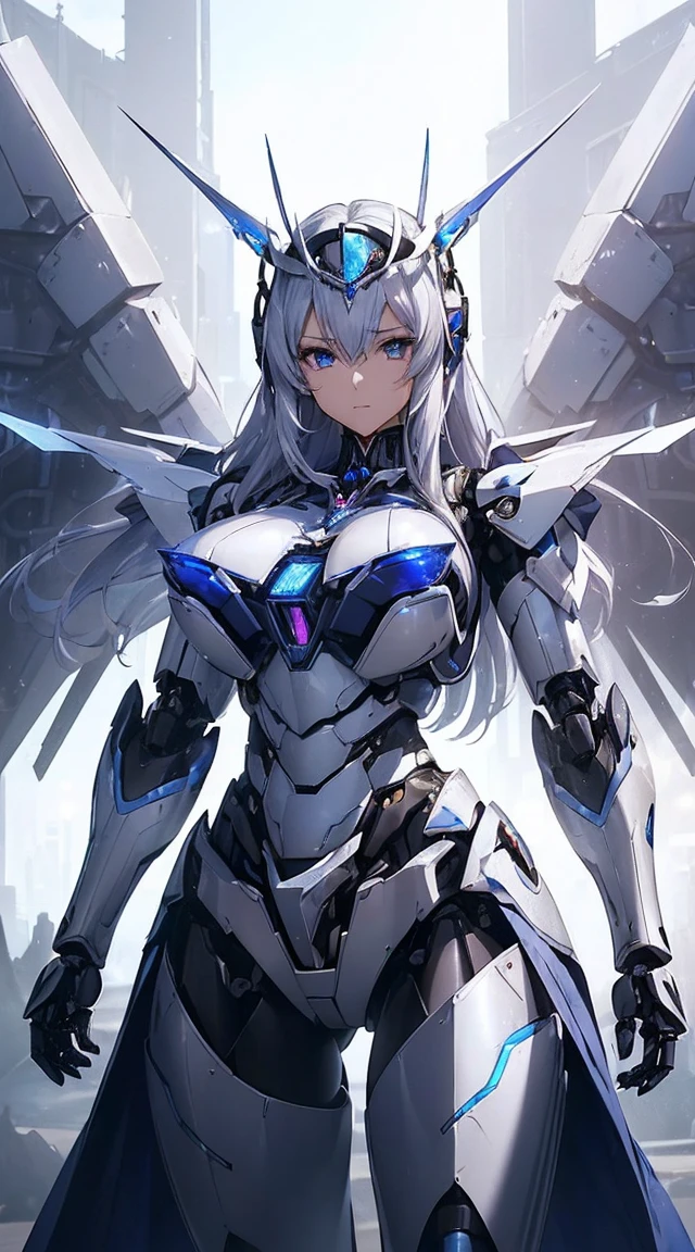 ((Intense action pose:1.6))、((Shining lenses on both breasts:1.3))、((Blue pillars of light are emanating from both chests.:1.3))、smile、((8K)), ((32k)), ((Highest quality)), ((masterpiece)), ((超A high resolution)), ((Tmasterpiece)), ((Halation:1.4))、((Mechaニカルheadgear:1.2))、((Cyber Headphones:1.3))、Fine skin, High quality fabric, Fine metal texture、((Beautiful and dense face))、RAW Photos、Professional, Ultra-fine painting, ((alone)), Beautiful breasts、Highest quality, Very detailed, Very detailed詳細, Finer details, so beautiful, ((Princess Knight Robot:1.2)), (Joints of machines, Mechanical Limbs:1.3), (The internal structure of the machine is exposed:1.3), (Long silver hair:1.1), (Beautiful and huge mechanical breasts)、White Veil, cowboy_shot, Side Focus, headgear, Shiny、(Five Fingers, Four fingers and thumb),Concept Art, Anime fantasy artwork, Detailed fantasy art, (with pale blue-violet hair and large white wings,,,,,,,), (((Long silver hair))), (Mecha:1.6)、Sleek and intimidating design, ((Commander-in-Chief'arm)), (Perfect robot body)、純白と青紫armまたは, Symmetrical wings, 8K high quality, detailed art, 3D rendering of character art in 8K, neat legs, Defined, Defined fingers,
