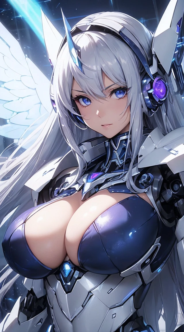 ((Extreme close up:1.6))、(((Lenses shining on both breasts:1.3)))、((Blue pillars of light radiate from both of his chests..:1.3))、break、(((Dynamic pose:1.8)))、smile、((8K)), ((32k)), ((Highest quality)), ((masterpiece)), ((超A high resolution)), ((Tmasterpiece)), ((Halation:1.4))、((Mechaニカルheadgear:1.2))、((Cyber Headphones:1.3))Fine skin, High quality fabric, High-quality metal texture、((Beautiful and dense face))、RAW Photos、Professional, Ultra-fine painting, ((alone)), Beautiful breasts、Highest quality, Very detailed, Very detailed詳細, Finer details, so beautiful, ((Princess Knight Robot:1.2)), (Joint of the machine, Mechanical Limbs:1.3), (The internal structure of the machine is exposed:1.3), (Long silver hair:1.1), (Beautiful and huge mechanical breasts)、White Veil, cowboy_shot, Side Focus, headgear, Shiny、(Five Fingers, Four fingers and thumb),Concept Art, Anime fantasy artwork, Detailed fantasy art, (with pale blue-violet hair and large white wings,,,,,,,,), (((Long silver hair))), (Mecha:1.6)、Sleek and intimidating design, ((Commander-in-Chief'arm)), (Perfect robot body)、純白と青紫のarmまたは, Symmetrical wings, 8K High Resolution, Detailed Art, 3D rendering of character art in 8K, neat legs, Defined, Defined fingers,((headshot:1.3))