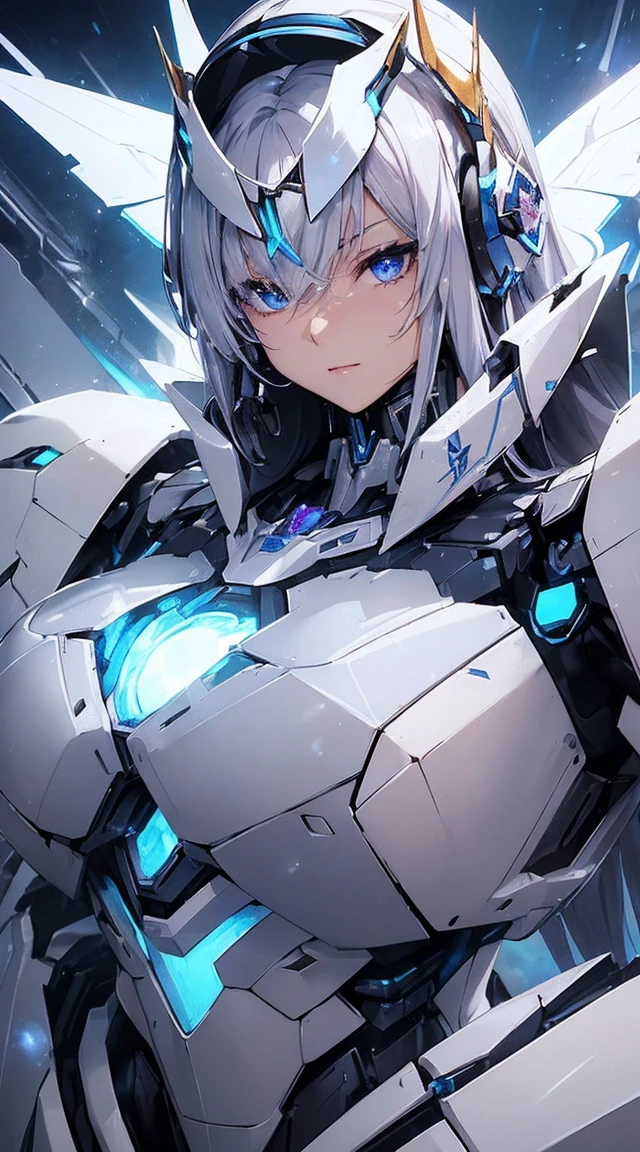 ((Extreme close up:1.6))、(((Lenses shining on both breasts:1.3)))、((Blue pillars of light radiate from both of his chests..:1.3))、break、(((Dynamic pose:1.8)))、smile、((8K)), ((32k)), ((Highest quality)), ((masterpiece)), ((超A high resolution)), ((Tmasterpiece)), ((Halation:1.4))、((Mechaニカルheadgear:1.2))、((Cyber Headphones:1.3))Fine skin, High quality fabric, High-quality metal texture、((Beautiful and dense face))、RAW Photos、Professional, Ultra-fine painting, ((alone)), Beautiful breasts、Highest quality, Very detailed, Very detailed詳細, Finer details, so beautiful, ((Princess Knight Robot:1.2)), (Joint of the machine, Mechanical Limbs:1.3), (The internal structure of the machine is exposed:1.3), (Long silver hair:1.1), (Beautiful and huge mechanical breasts)、White Veil, cowboy_shot, Side Focus, headgear, Shiny、(Five Fingers, Four fingers and thumb),Concept Art, Anime fantasy artwork, Detailed fantasy art, (with pale blue-violet hair and large white wings,,,,,,,,), (((Long silver hair))), (Mecha:1.6)、Sleek and intimidating design, ((Commander-in-Chief'arm)), (Perfect robot body)、純白と青紫のarmまたは, Symmetrical wings, 8K High Resolution, Detailed Art, 3D rendering of character art in 8K, neat legs, Defined, Defined fingers,((headshot:1.3))
