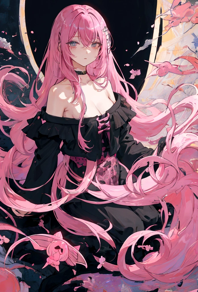 Pink hair, spot under the right eye, long hair, black clothes