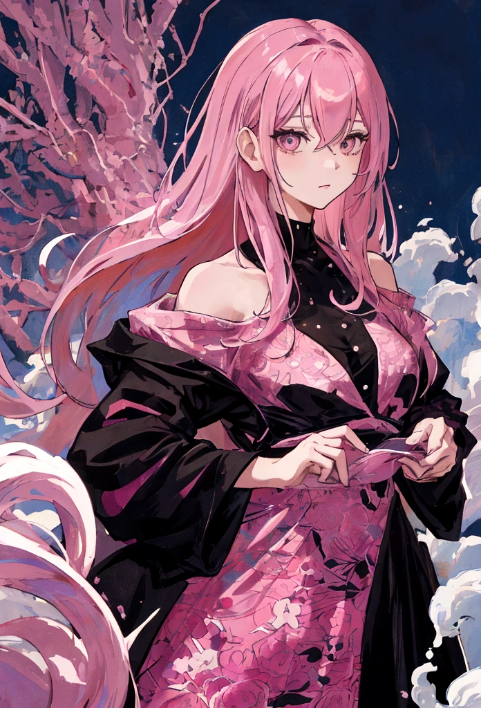 Pink hair, spot under the right eye, long hair, black clothes