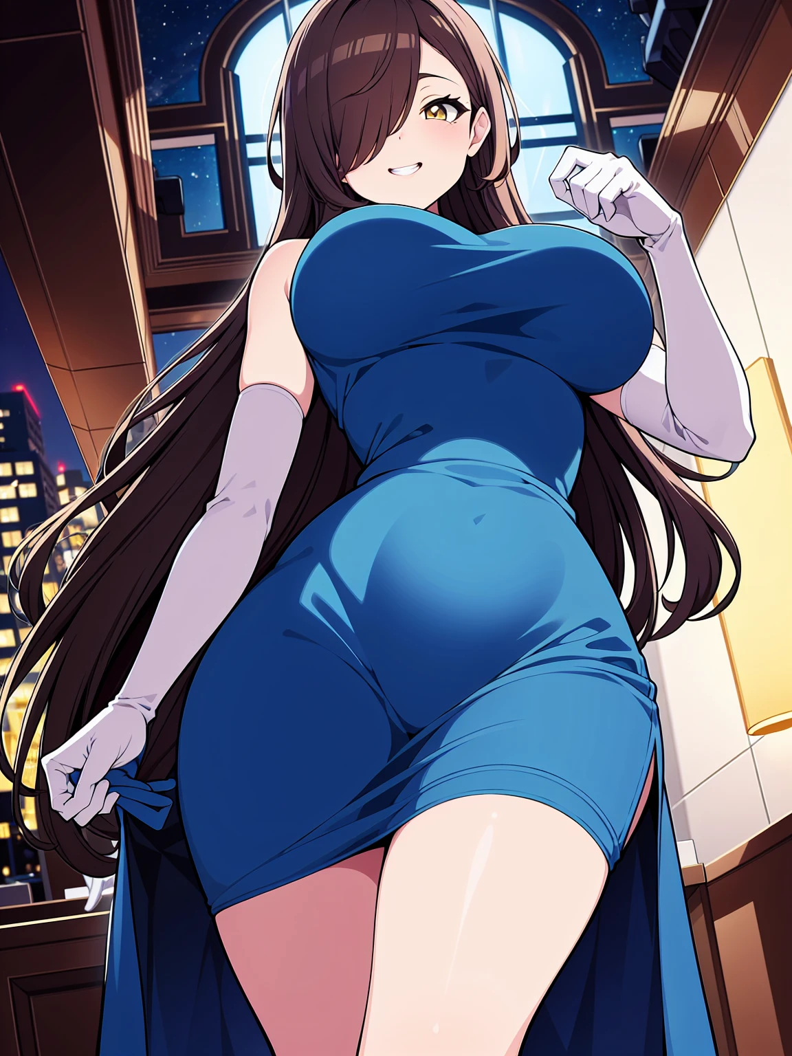 (cowboy shot), (ultra-high resolution, depth of field:1.2), 1woman, mature, brunette hair, long straight hair, yellow eyes, hair over one eye, large breasts, (wide hips), night dress, (blue dress), elbow gloves, white gloves, fancy lobby, indoors, bare shoulders, sleeveless dress, ((fancy hotel lobby)), grin