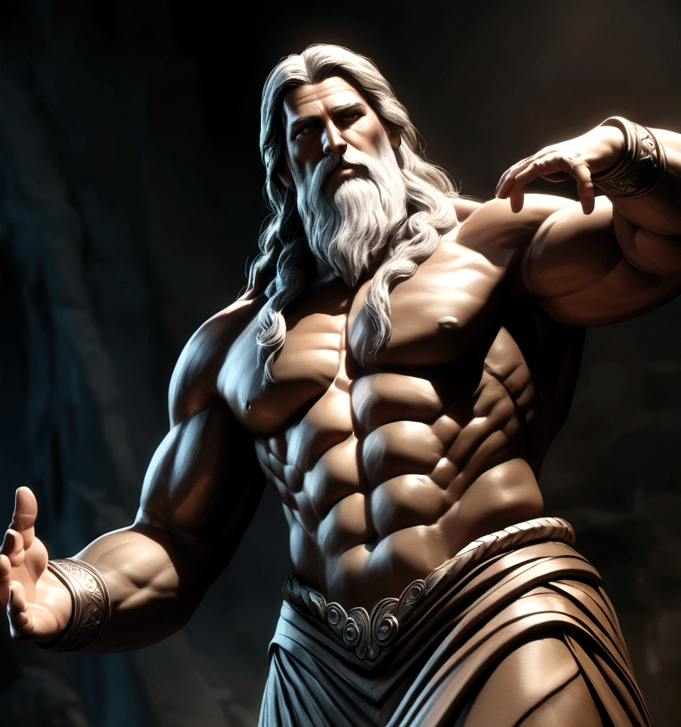 Muscular statue of Greek philosopher, Large Beard, cinematic, darkness background, 8K, ultra realistic, scene from 2 thousand years ago