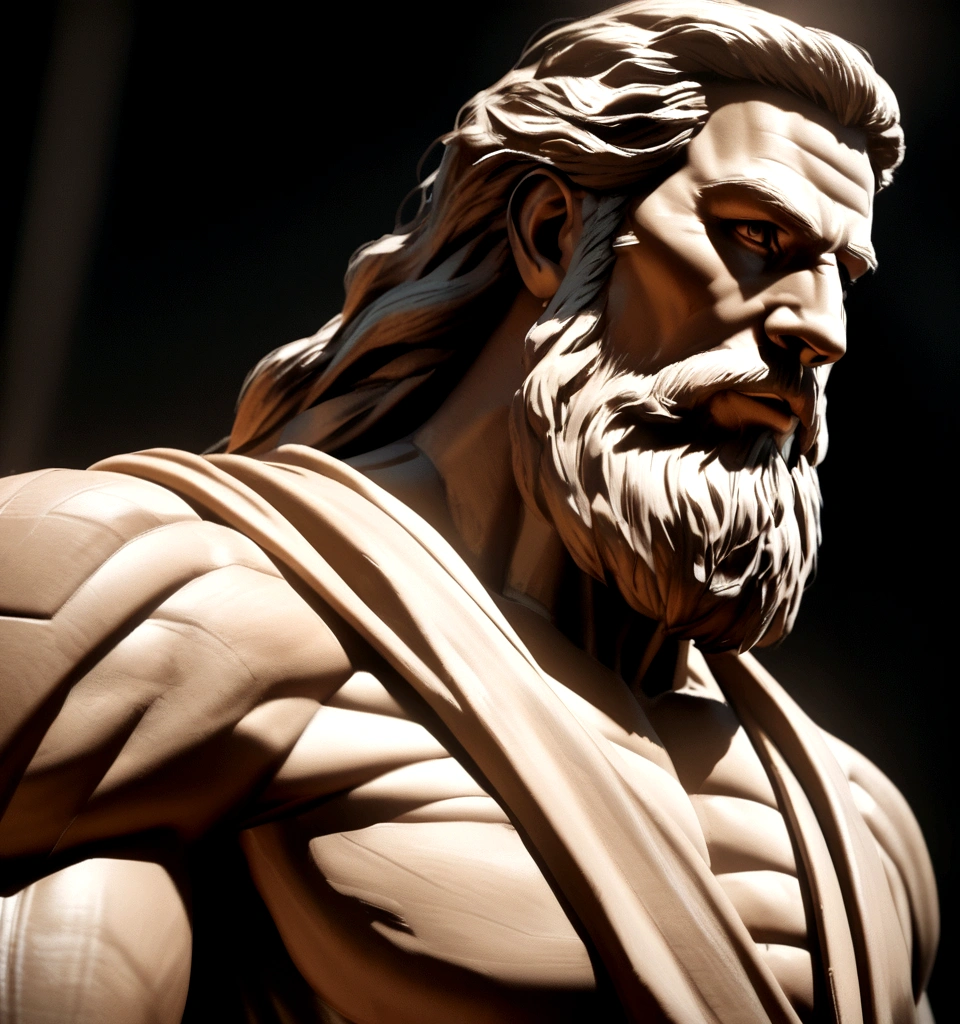 Muscular statue of Greek philosopher, Large Beard, cinematic, darkness background, 8K, ultra realistic, scene from 2 thousand years ago