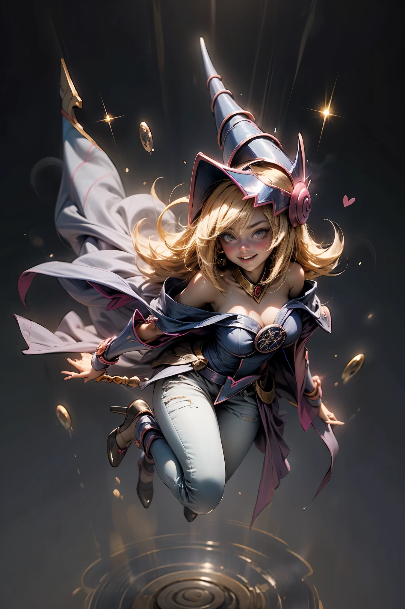 (Masterpiece:1.2), (The best quality:1.2), perfect lighting, Dark Magician Girl casting a spell, smiling. happy. in battle. floating in the air, big and visible tits, wear jeans and heels. transparent neckline, blue robe, big hat, From above, sparkles, Yugioh game, The magic of the heart, romantic heart.