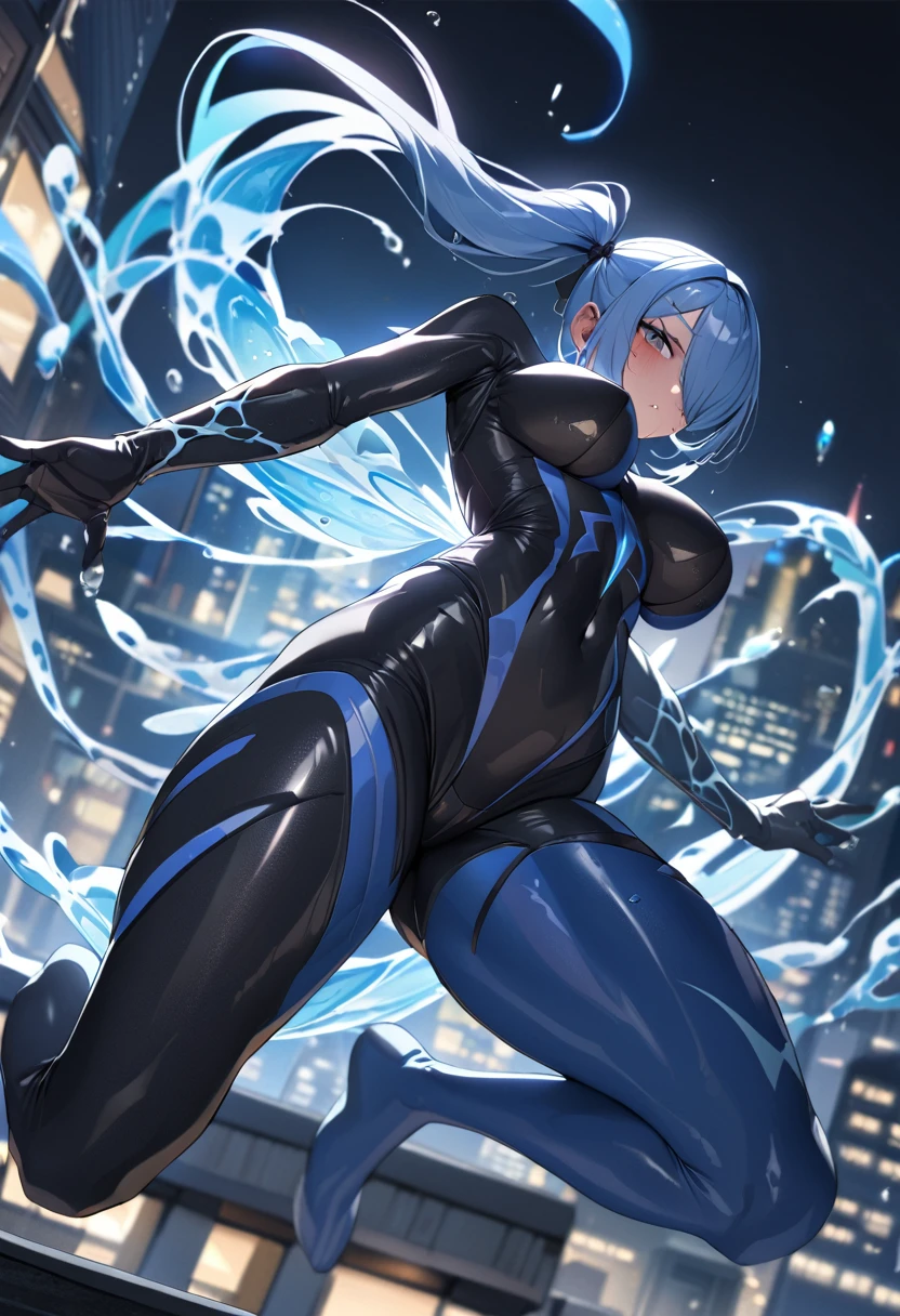 1girl,solo,super detailed skin,shiny skin,wet oily skin,serious face,blue hair,hair over one eye,side ponytail ,large breasts,unique bodysuit,night city,rooftop,jumping,water magic ,dynamic action,from below,masterpiece,best quality,ultra detailed,high resolution,sharp focus,depth of field