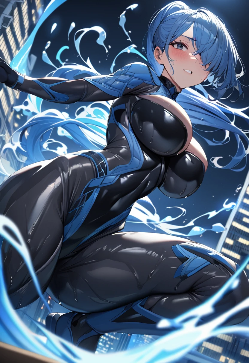 1girl,solo,super detailed skin,shiny skin,wet oily skin,serious face,blue hair,hair over one eye,side ponytail ,large breasts,unique bodysuit,night city,rooftop,jumping,water magic ,dynamic action,from below,masterpiece,best quality,ultra detailed,high resolution,sharp focus,depth of field