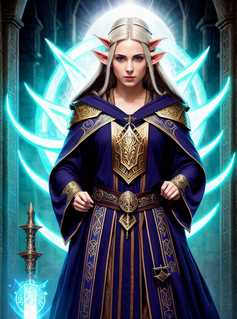 a high elf mage scholar, hybrid worshiper of julianos, detailed portrait, intricate robes, staff of ancient power, glowing arcane runes, dark mysterious library, intense magical aura, cinematic lighting, hyper realistic, 8k, photorealistic, award winning digital art