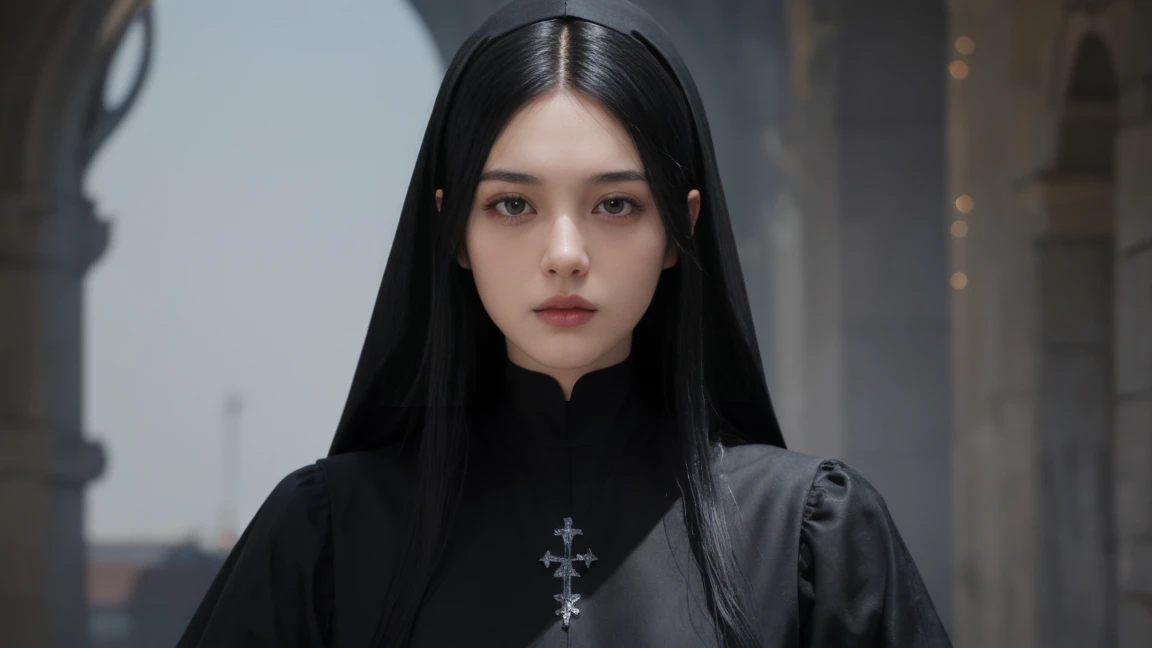 Santa vincenza Gerosa, (Black hair), Straight hair, dark clothes, nun's outfit, long face, big hair, Straight hair, (photorealistic:1.2), (Artwork), best quality, (detailed face:1.4), CRU photo, 8K ultra-realistic, perfect artwork