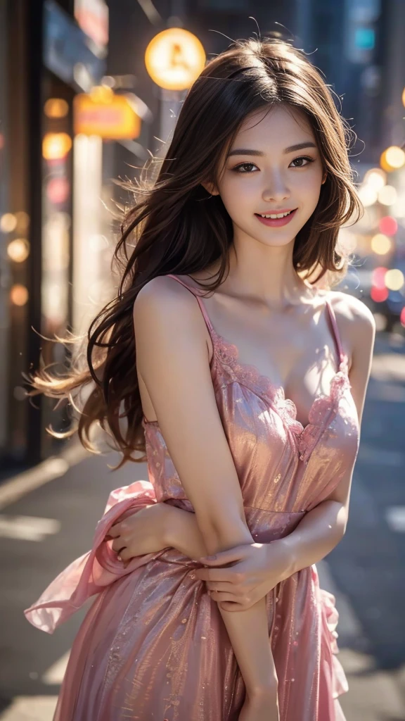 8K, UHD, MAsterpiece, best quality, 1 girl, (realistic face), very long hair, small breasts, decorated dress, very beautiful ornaments dress, pink color, lace, mesh dress, sardine, loops, ipllers, depth of field, light from the front, Light shines into the face, knee short, standing, Arms wrapped around body (self-hug), Candid laugh