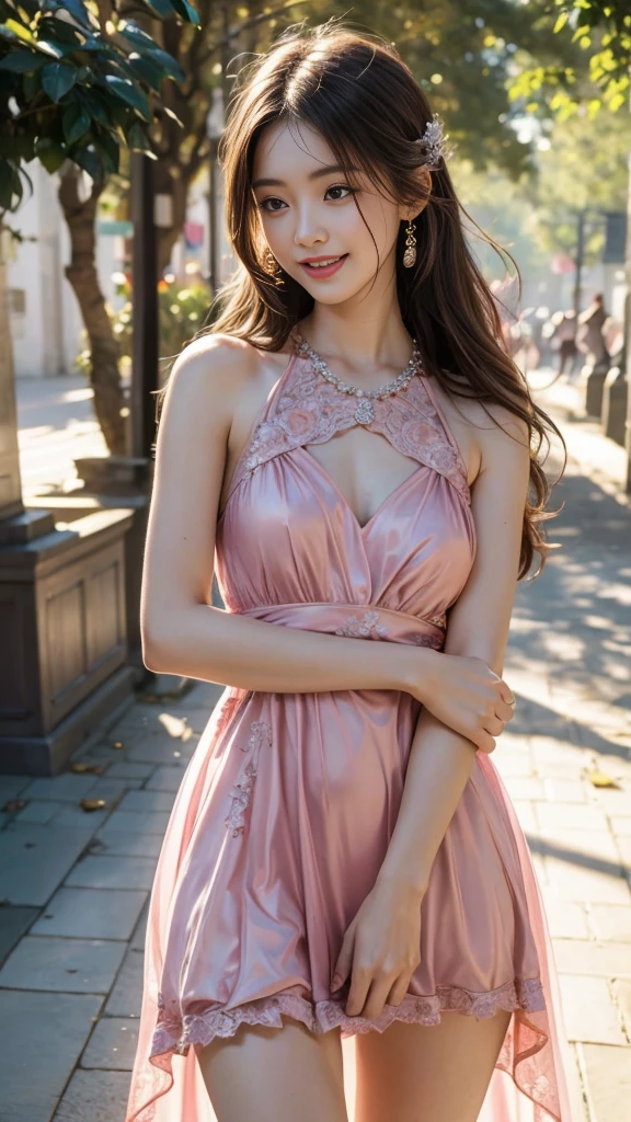 8K, UHD, MAsterpiece, best quality, 1 girl, (realistic face), very long hair, small breasts, decorated dress, very beautiful ornaments dress, pink color, lace, mesh dress, sardine, loops, ipllers, depth of field, light from the front, Light shines into the face, knee short, standing, Arms wrapped around body (self-hug), Candid laugh